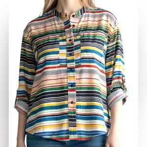 Zac & Rachel Multicolor Striped Button up Top Band collar Women’s S Rolled cuffs